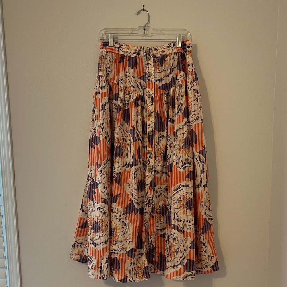 Anthropologie Button Front Orange, Pink and Blue Floral A-Line Skirt